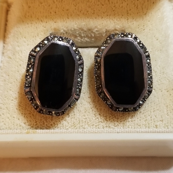 VINTAGE Onyx Marcasite Sterling IBB Earrings - Picture 1 of 6
